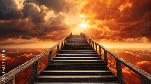 long staircase to orange dramatic clouds with sunlight rays fantasy background from Generative AI