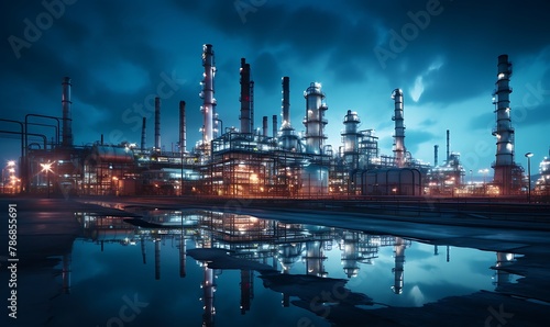 Oil refinery at night with reflection in water.