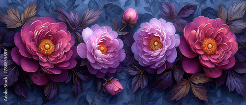a three pink flowers on a blue background with leaves