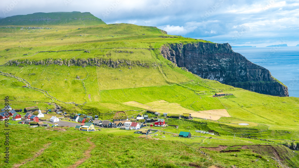 Mykines Faroe Islands Panoramic View Of Mykines Island Village Bird 