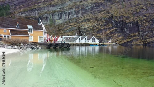 Modalen Norway, aerial over beach towards town centre photo