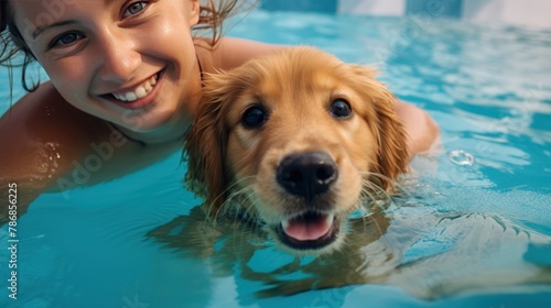 A woman is happy with her dog at the pond.golden retriever puppy in blue swimming pool. 