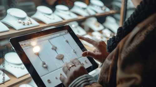 A person browsing through an online jewelry catalog on a tablet.