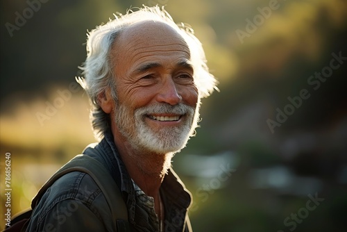 Portrait of a senior man smiling at the camera in nature.