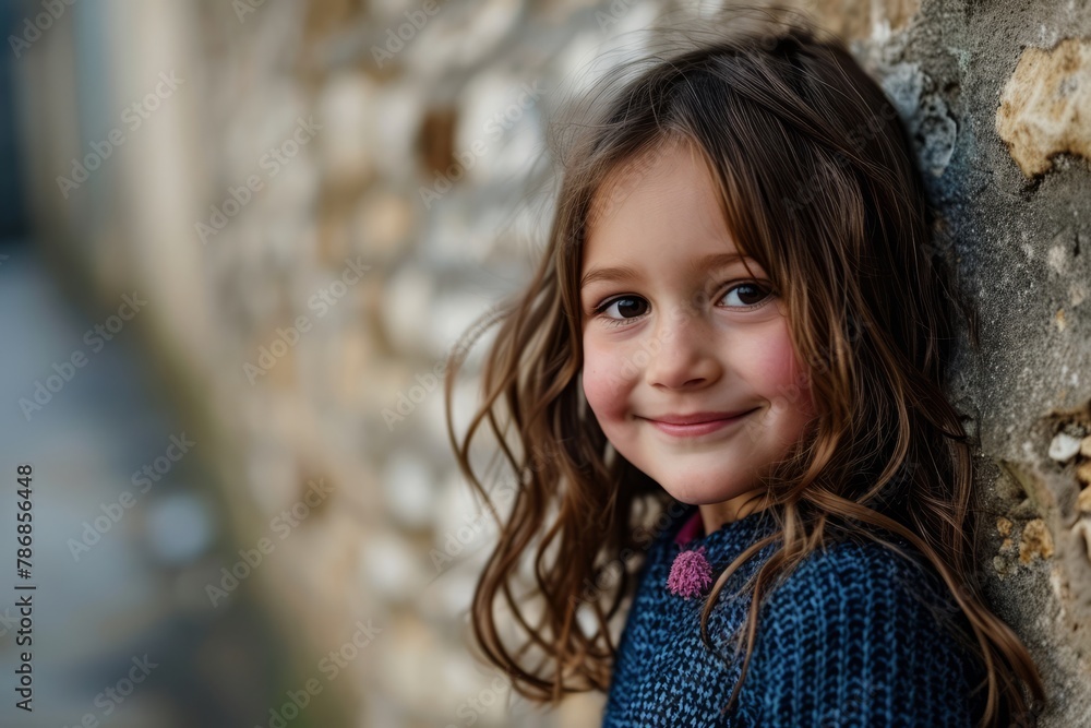 Portrait of a beautiful little girl in a blue sweater against a stone wall Portrait of a beautiful little girl in a blue sweater against a stone wall