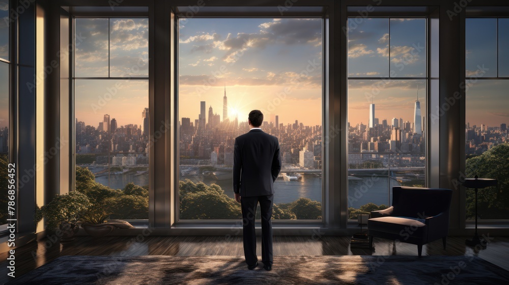 A businessman stands by the window and enjoys the view of the big city with the river and beautiful buildings. A businessman stands by the window and enjoys the view of the big city with the river and beautiful buildings.