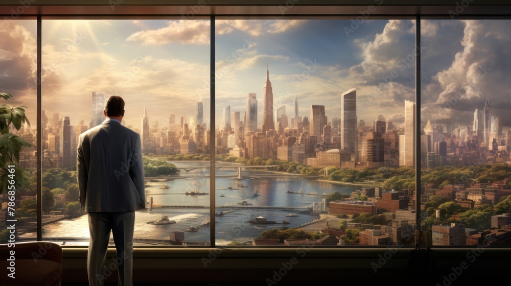 A businessman stands by the window and enjoys the view of the big city with the river and beautiful buildings.