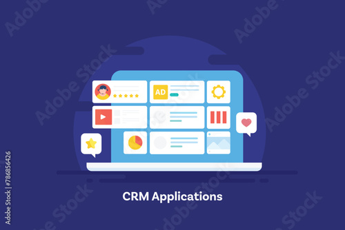 Integrate multiple application, import customer data and manage advertising analytics with CRM software dashboard, vector illustration concept. 