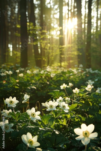 Sunlight filtering through a forest onto white Japanese anemone flowers