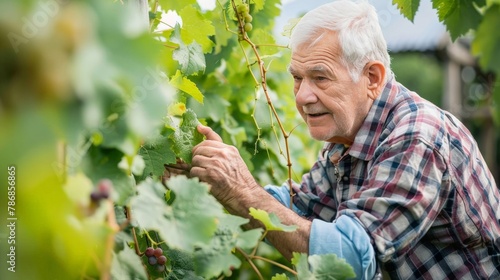 Senior man inspecting the growth of grapevines in a small vineyard