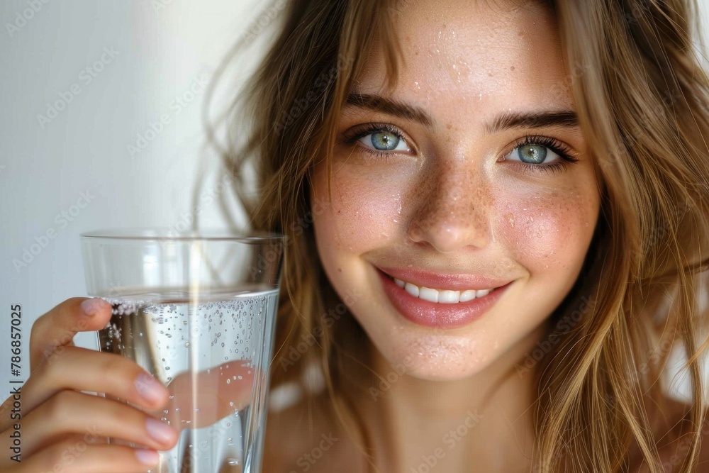 Stunning young woman with sparkling blue eyes holding a glass of water, exuding natural beauty and wellness Stunning young woman with sparkling blue eyes holding a glass of water, exuding natural beauty and wellness