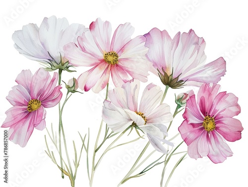Watercolor cosmos clipart with delicate pink and white flowers.