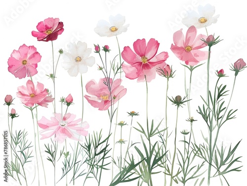 Watercolor cosmos clipart with delicate pink and white flowers. © NIPAPORN