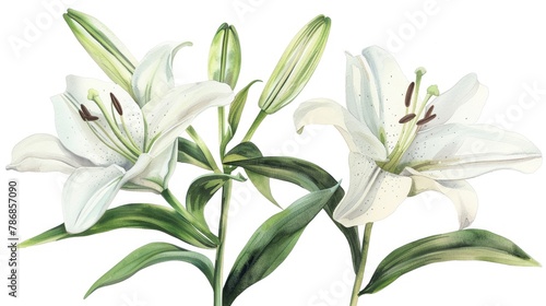 Watercolor lily clipart with elegant white petals and green stems.