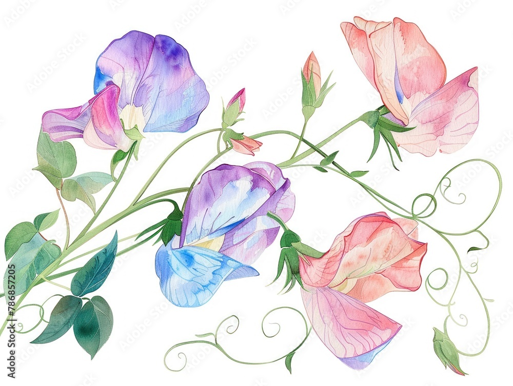 Fototapeta premium Watercolor sweet pea clipart with pastel-colored blooms and curly tendrils.