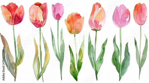 Watercolor tulip clipart in different shades of pink red