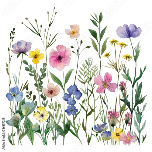 Watercolor wildflower clipart featuring a mix of colorful blooms and greenery. © NIPAPORN