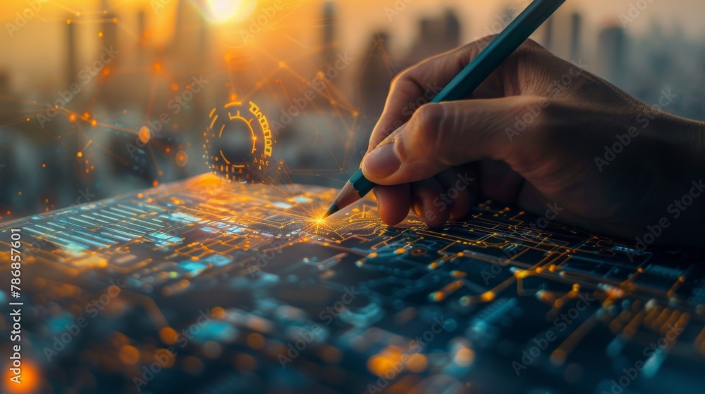 Obraz premium A hand wielding a pen sketches both a drawing and the city's architectural design. A contemporary architect creates a digital blueprint of the city, exemplifying digital urbanism