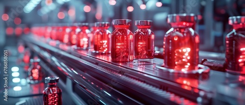 Robotic pharma packaging, gleaming red vials, futuristic, photo