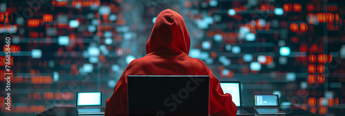 hacker with red hoodie sitting in front of Laptop or computer, hacking cyber security threat , neon cyberpunk tech studio copy space