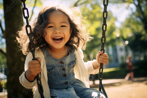 An adorable Asian young girl smiling on a swing enjoys playing in a park below the bright morning sunlight with the other children playing in the same park. Generative AI. photo