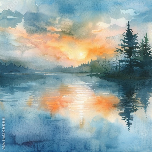 Serene watercolor rendition of a summer sunrise #786858838