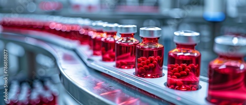 Pharmaceutical factory precision, red serum vials, photo