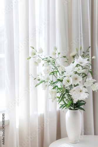 Serene Morning Light Shining Through Sheer Curtains Onto a Vase of White flowers