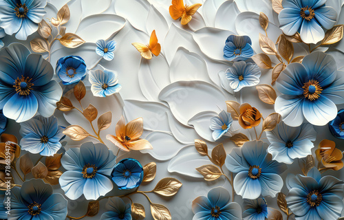  3D blue and white flowers  butterflies  and golden leaves on a wall background. Created with Ai