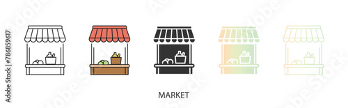 Vector outdoor market, shop icon, box with vegetables and fruit icon in solid, gradient and line styles and lineal color. Trendy colors. Isolated on a white background. Editable stroke