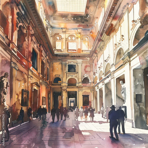 Museum, art gallery Uffizi Florence. Watercolor illustration. Italy Middle Ages. Painting for design. photo