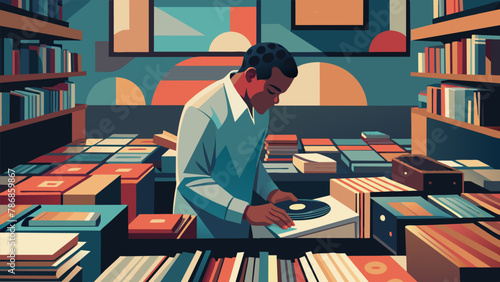 A young music enthusiast eagerly sifts through piles of dusty records in a cluttered record store the colorful album covers catching their eye