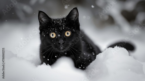 A black cat is sitting in the snow with its eyes wide open