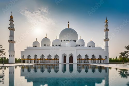 Beautiful white mosque with water reflection, front view with sunset background.
