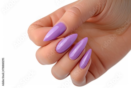 Female hand with purple lavender gel polish on long nails on a white isolated background. Beauty spa concept  manicure . photo on white isolated background
