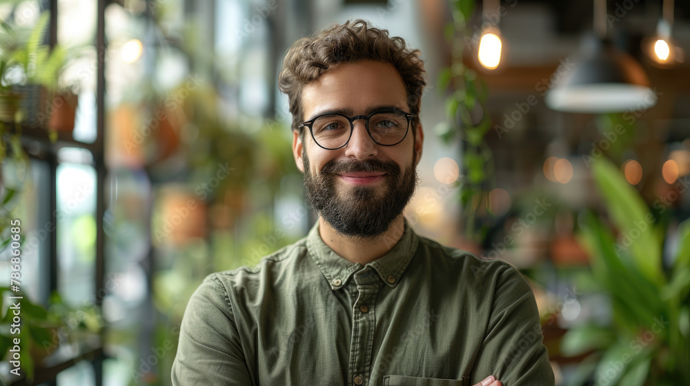 Fototapeta premium Portrait of handsome bearded businessman wearing olive shirt and glasses smiling at camera standing in bright modern office