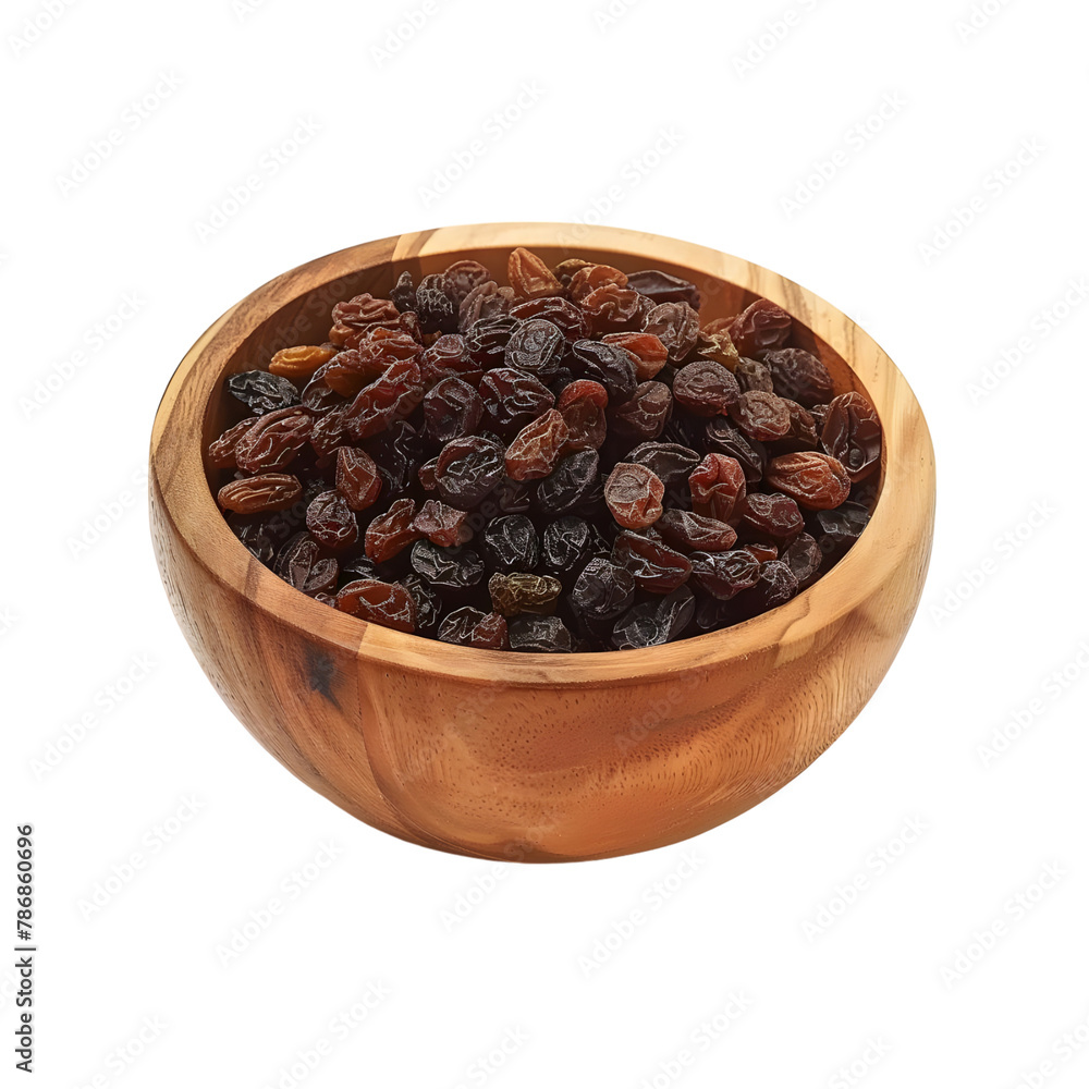 Wooden Bowl Full of Raisins Isolated on Transparent Background Wooden Bowl Full of Raisins Isolated on Transparent Background