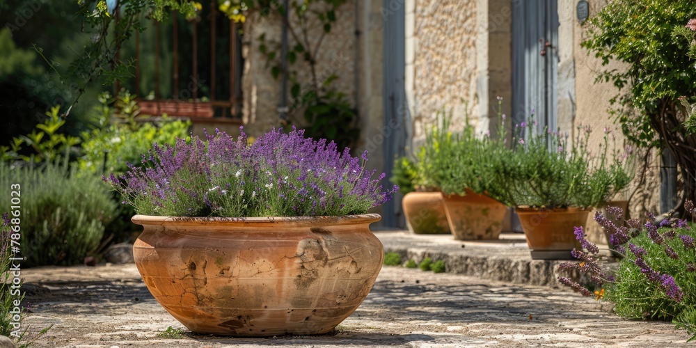 Decorative big pot with blossoming flowers