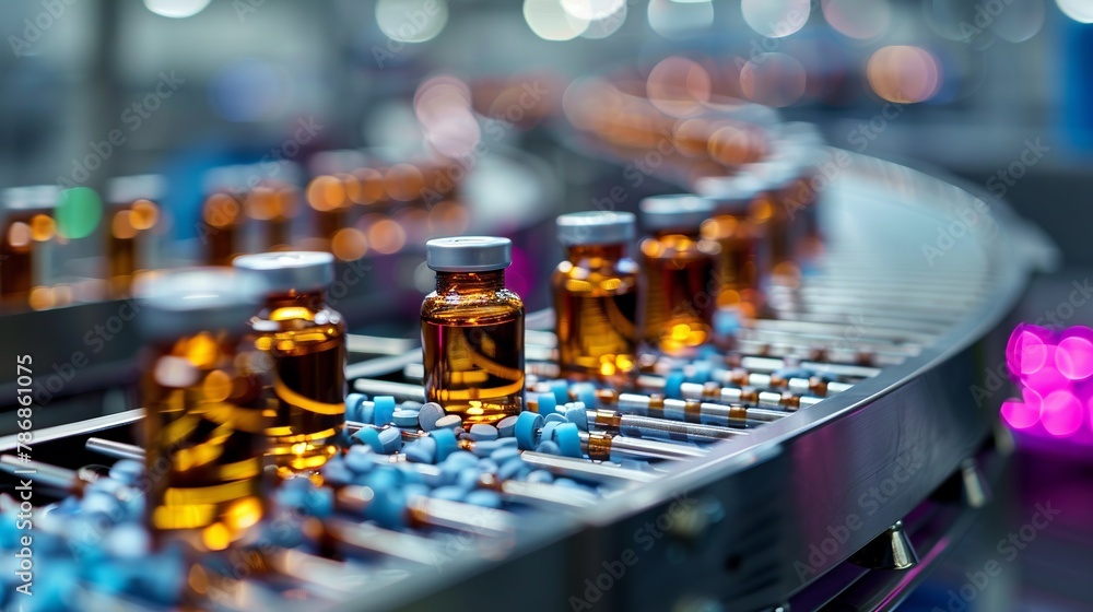 High-tech medicine production, vials on metallic conveyor, High-tech medicine production, vials on metallic conveyor,