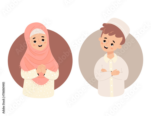 Cute Islamic children. Happy Muslim boy and girl in hijab. Isolated ethnic child character. Vector illustration 
