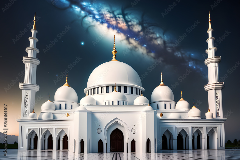 beautiful white mosque with milky way sky background, view from the front.
