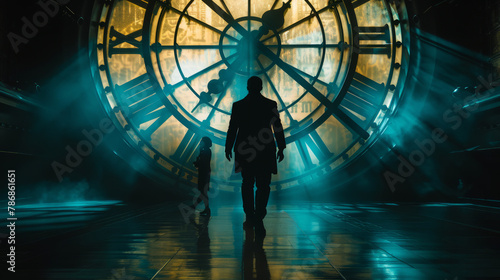 Silhouette of a man walking in front of a large clock