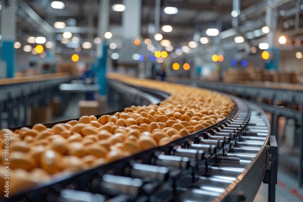 Fototapeta premium Chicken egg packing plant, line conveyor, election background