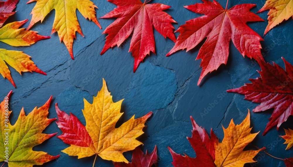 Autumn background with colored red leaves on blue slate background. Autumn background with colored red leaves on blue slate background.