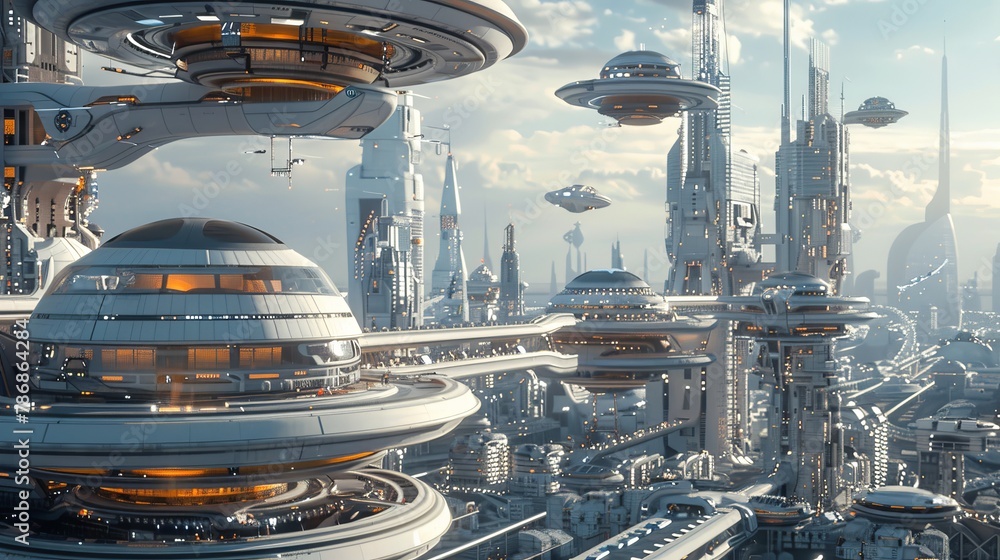 Technology: A futuristic cityscape with advanced architecture and flying vehicles