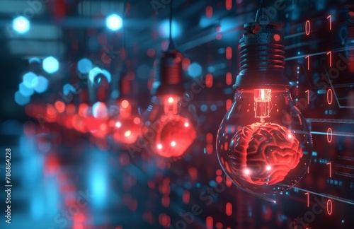 AI solutions. A digital background featuring light bulbs with brain patterns hanging from strings, representing AI and artificial intelligence technology concept 