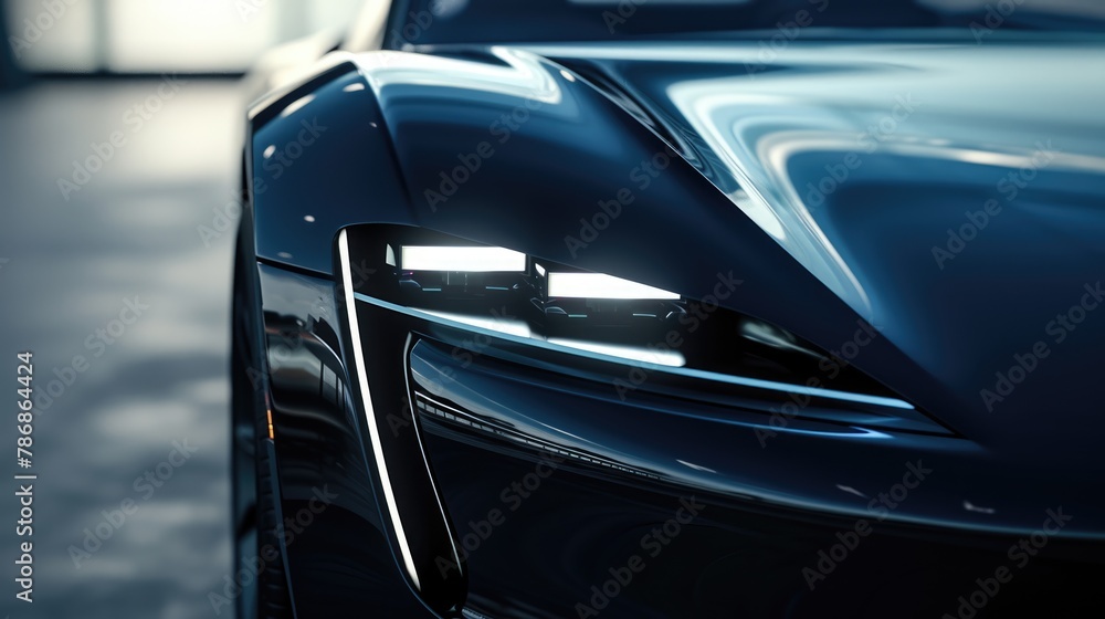 A close-up of a sleek black luxury sports car's headlight, showcased in the reflective ambiance of a premium car showroom. AIG41