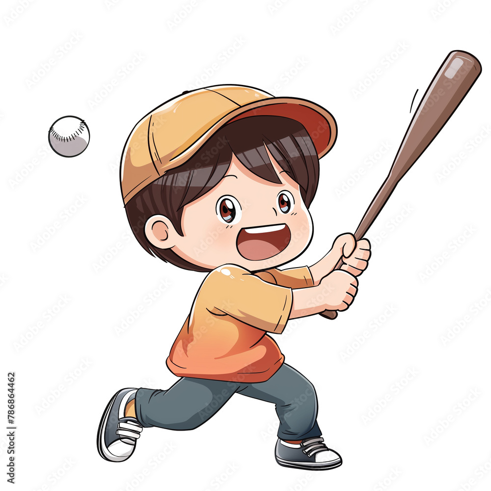 Cartoon Asia  boy playing baseball on transparent background. AI Generative