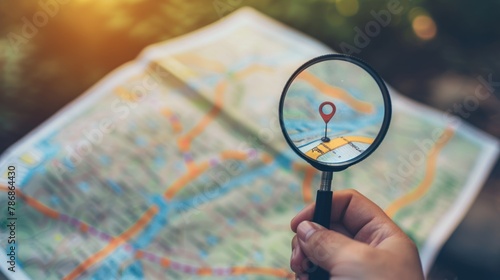 A hand holding a magnifying glass over a pin location map, indicating attention to detail in trip planning. 