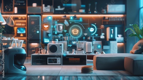 Modern Smart Home Showcasing the Power of Internet of Things: Connected AI Devices Such as Smart Refrigerators, Coffee Makers, and Ovens.
